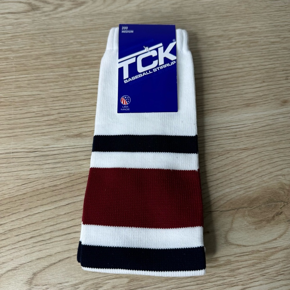 TCK‎ Baseball Stirrup Socks White with Navy Blue / Red Maroon Stripes NWT Size M